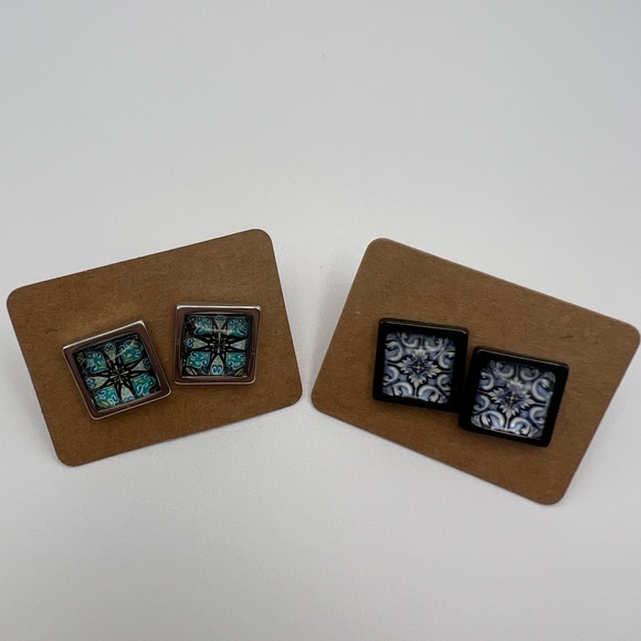 Classic Square Stud Earrings - Black and Silver Trendy Stud Earring Set - Picture 13 of 15